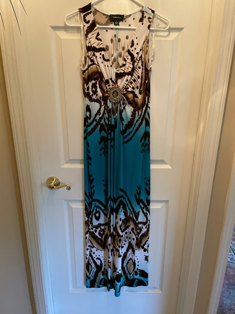 R&M Richards Cream, Brown & Turquoise Beaded Medallion V-Neck Dress